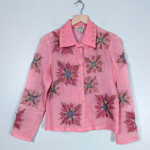 Sandy Starman Silk Button Top S Pink Multi Patchwork Floral Sheer Art To Wear